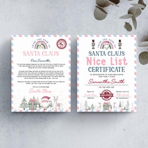 Puede incluir: Dos documentos con temática navideña. Uno es una carta de Papá Noel, el otro un Certificado de la Lista de Buenos. Ambos tienen un borde rosa y azul. La carta está dirigida a Samantha, y el certificado también es para Samantha Smith.