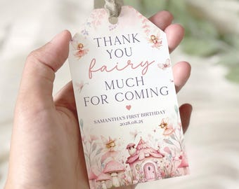 Editable Pink Fairy First Birthday Thank You Favor Tag, Enchanted Fairy 1st Birthday Gift Tag, Princess Party Favor Bag Label, Thank You Tag