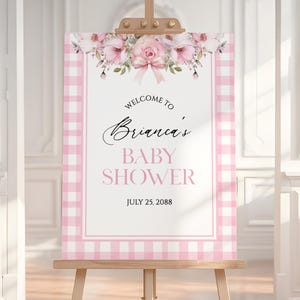 Pink Gingham Baby Shower Welcome Sign: Floral Bow Decor (Digital Download, Editable Template 18x24&quot;/16x20&quot;)