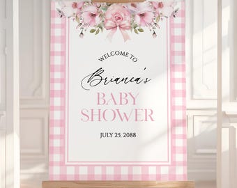 Różowa kratka w kratkę powitalna na baby shower, plakat z kwiatowym posypką, różana dekoracja na baby shower dla dziewczynki, pobieranie cyfrowe, edytowalny szablon, PGB