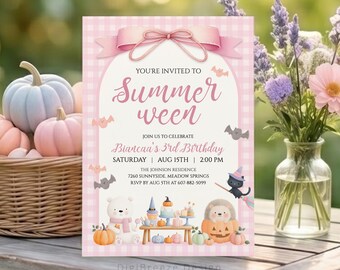 Summerween Birthday Invitation, Pink Summer Halloween Birthday Invite, Halfway to Halloween Girl Party, Pastel Ghost Editable Template