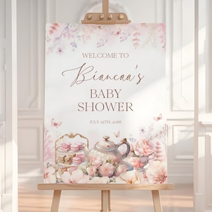 Editable Wildflower Tea Party Baby Shower Welcome Sign Poster, Butterfly Flower Time for Tea Baby Shower Decor, Floral Garden Party Poster