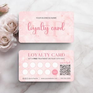 Modelo de carimbo de cartão de fidelidade de salão de beleza de rosas rosa personalizado, cartão de recompensas para clientes florais editáveis faça você mesmo, cartão perfurado VIP para tecnologia de unhas, cabelos e cílios