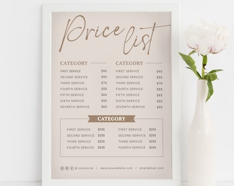 Editable Small Business Price List Template & Modern Price Menu Design, Minimal Salon Pricing Chart, Pricelist Beauty Sign, Boho Price Sheet