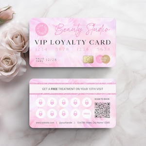 Modelo de carimbo de cartão de fidelidade de salão de beleza de rosas rosa editável, cartão de recompensas para pequenas empresas florais faça você mesmo, cartão de perfuração VIP para tecnologia de cabelo, unha e cílios