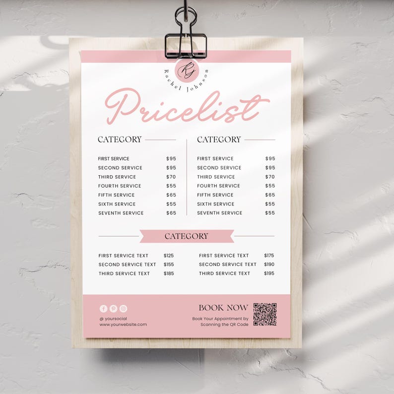 Editable salon price list for beauty salons and small businesses! This minimalist DIY pricing chart is perfect for a nail price sheet, lash price list, or hair price menu. Fully customizable template.