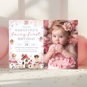 Convite editável de primeiro aniversário de fada rosa com foto, convite de primeiro aniversário de fada encantada, convite de festa de jardim mágico com borboleta floral