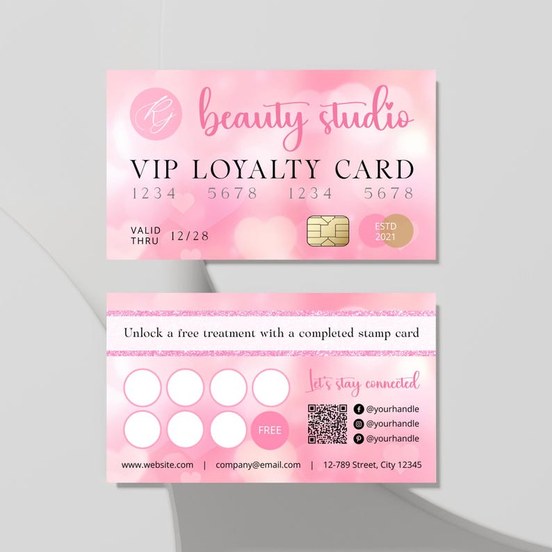 Editable Pink Heart Aura Loyalty Card Template Beauty Salon SPA, Nail ...