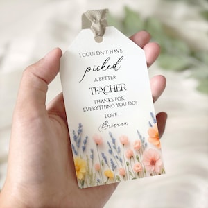 Modèle d'étiquette-cadeau de remerciement modifiable pour professeur de fleurs sauvages, étiquette de cadeau de fin d'année scolaire floral bricolage, étiquette cadeau imprimable appréciation des enseignants