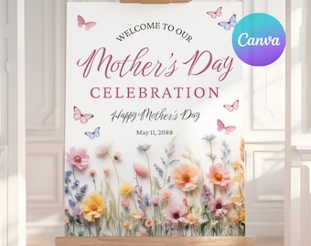 Mothers Day Welcome Sign, Mother's Day Tea Party Decor, Pink Floral Brunch Party Poster, Editable Canva Sign Template, MO1