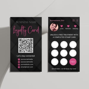 Modelo de carimbo de cartão de fidelidade preto e rosa, cartão de recompensas para clientes IG editável, cartão de desconto VIP para pequenas empresas para salão de beleza Nail Lash Spa