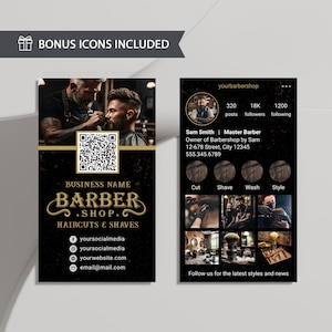 Black Barber Business Card with QR Code, Editable Hair Salon IG Business Card Template, Modern Barbershop Hair Stylist Photo Business Card