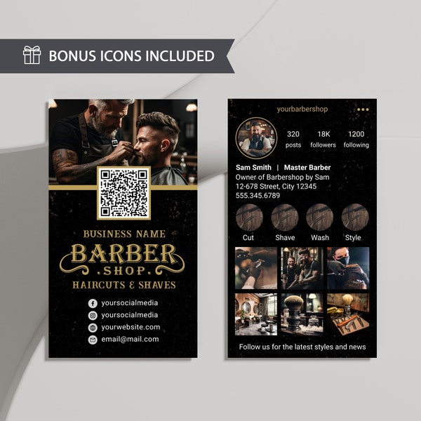 2024 Editable Black & Gold IG Barber Business Card Template, Digital Instagram QR Code Salon DIY Business Calling Card Design for Barbershop
