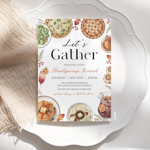 Let's Gather Thanksgiving Brunch Invitation, Friendsgiving Potluck Invite, Fall Luncheon Invite, Editable Holiday Template