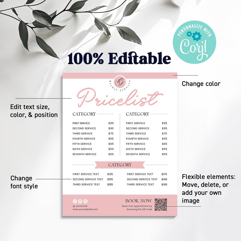 Easily customize this salon price list template! Ideal for small businesses, this hair price menu sign is a chic and modern service price list for wigs, lashes, and beauty salons. Instant download available.