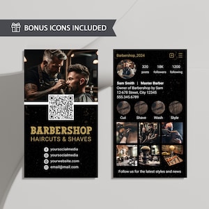 Modelo de cartão de visita para barbearia do Instagram 2025, design de cartão de visita de barbearia preto dourado editável, cartão de visita digital faça você mesmo com código QR, Corjl