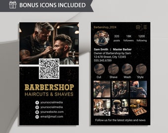 2025 Instagram Barbershop Business Card Template, Editable Black Gold Barber Business Card Design, Digital QR Code DIY Calling Card, Corjl