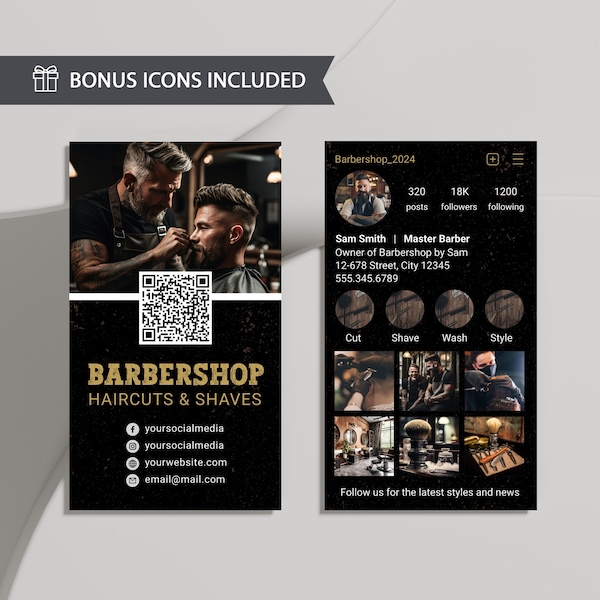 2024 Instagram Barbershop Business Card Template, Editable Black Gold Barber Business Card Design, Digital QR Code DIY Calling Card, Corjl