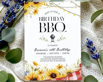 May include: A white invitation card with the text "JOIN US FOR A BIRTHDAY BBQ" and details for Brianca's 30th birthday. The card features sunflower and floral accents, a red and white checkered pattern, and string lights.