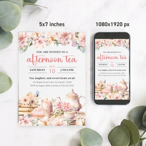 Editable Pink Floral High Tea Party Invitation & Evite, Digital Afternoon Par-tea Birthday e Invite, Brunch Garden Party Phone Invitation