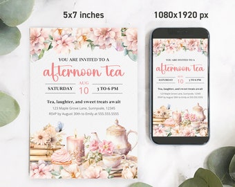 Editable Pink Floral High Tea Party Invitation & Evite, Digital Afternoon Par-tea Birthday e Invite, Brunch Garden Party Phone Invitation