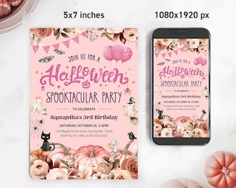 Spooktacular Birthday Invitation, Spooky Party Invite, Pink Halloween Ghost Party Printable & Phone Invite, Editable Template