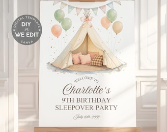 Sleepover Birthday Party Welcome Sign, Girls Slumber Party Poster, Pajama Party Decor, Glamping Birthday Sign, Editable Canva Template