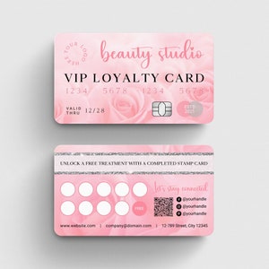 Modelo de carimbo de cartão de fidelidade de salão de beleza Pink Rose, cartão de recompensas editável para manicure, cartão de fidelidade de SPA estilo cartão de crédito, cartão perfurado para cliente