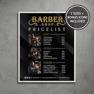 Puede incluir: Una lista de precios negra y dorada para una barbería. La lista de precios incluye servicios como cortes de pelo tradicionales, desvanecimientos con navaja, afeitados de cabeza, limpiezas, lavados de cabello, secados, trenzas, rizos, alisados, blowouts brasileños, reflejos completos, reflejos parciales, coloración completa, retoque de raíces y corrección de color.