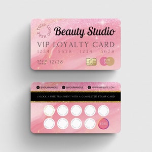 Modelo de carimbo de cartão de fidelidade com glitter rosa, cartão de recompensas VIP editável, cartão de desconto para cílios, cabelo, unhas, cartão de visita estilo cartão de crédito