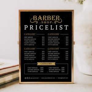 May include: A black and gold price list for a barber shop. The price list is divided into categories and lists the prices for different services. The prices range from $95 to $255.