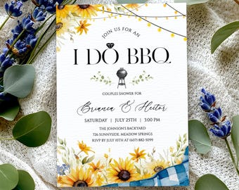 I Do BBQ Couples Shower Invitation, Sunflower Backyard BBQ Bridal Shower Invite, Rustic Rehearsal Dinner Invite, Editable Template