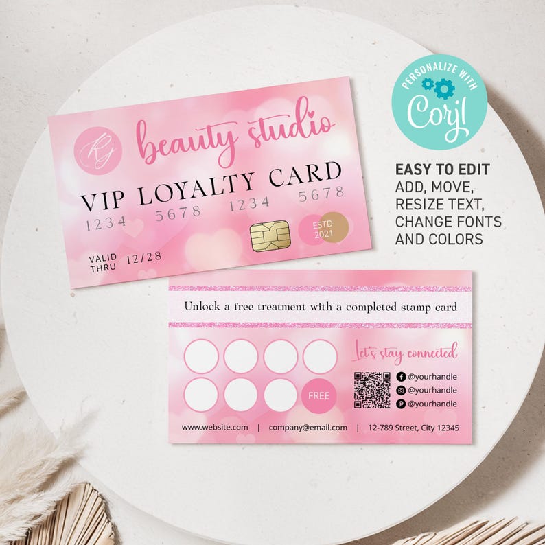 Editable Pink Heart Aura Loyalty Card Template Beauty Salon SPA, Nail ...