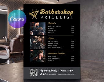 Barbershop Price List, Barber Price Menu, Black Barber Service Flyer, Haircut Pricing Template, Editable Business Sign, Canva