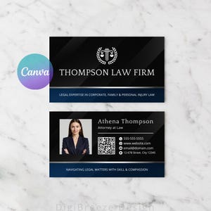 QRコード付き弁護士名刺、弁護士名刺、法律事務所向けプロフェッショナル名刺、法律コンサルタント、編集可能なCanvaテンプレート