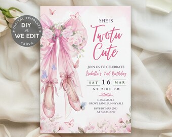 Tutu Cute Birthday Invitation, Pink Bow Ballet Birthday Invite, Two Tu Cute 2nd Birthday, Ballerina Party, Editable Canva Template