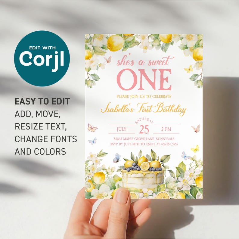 May include: A lemon-themed first birthday invitation with a watercolor illustration of a cake with lemons, blueberries, and flowers. The text reads "She's a sweet one" and "Isabella's First Birthday". The date and time of the party are July 25th at 2 PM. The address and RSVP information are also included.