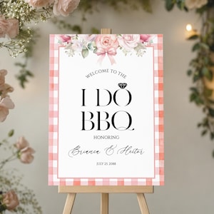 Letrero de bienvenida editable "Sí, acepto barbacoa", póster para la entrada de la ducha de pareja, decoración floral para boda en el jardín, cena de ensayo para fiesta de compromiso en el jardín