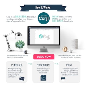 May include: A graphic showing how to use Corjl, an online tool for personalizing designs. The graphic shows a computer screen with the Corjl logo, and three steps: purchase, personalize, and print. The graphic also includes text that says "Edit with Corjl" and "Instant access to items, easy to use online tool, high quality downloads."