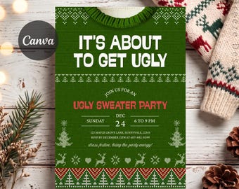 Ugly Sweater Party Invitation, Christmas Sweater Party Invite, Tacky Sweater Contest, Green Xmas Party, Editable Template
