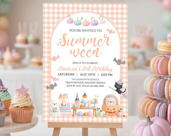 Summerween Birthday Invitation, Pink Summer Halloween Birthday Invite, Halfway to Halloween Girl Party, Pastel Ghost Editable Template