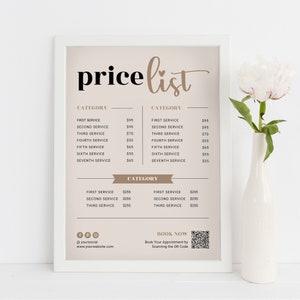 Op de afbeelding: Een prijslijst voor diensten met drie categorieën. De eerste categorie somt zeven diensten op met prijzen variërend van € 55 tot € 95. De tweede categorie somt zeven diensten op met prijzen variërend van € 55 tot € 95. De derde categorie somt drie diensten op met prijzen van € 255 per stuk. De prijslijst bevat ook sociale media-pictogrammen en een QR-code voor het boeken van afspraken.