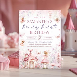 Editable Pink Fairy First Birthday Invitation Template, DIY Enchanted Fairy 1st Birthday Invite, Floral Princess Magical Garden Party Evite