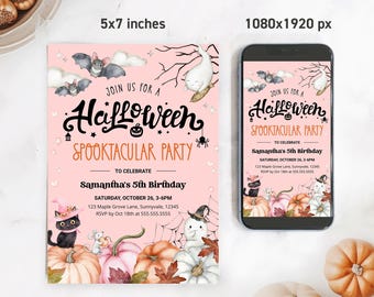Spooktacular Birthday Invitation, Spooky Party Invite, Pink Halloween Ghost Party Printable & Phone Invite, Editable Template