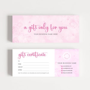 Modelo de certificado de presente para salão de beleza com flores rosas e vale-presente para spa para impressão, vale-presente para massagem, cartão de desconto para cupons para pequenas empresas