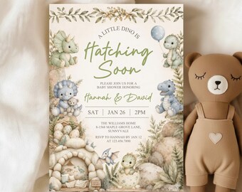 Hatching Soon Baby Shower Invitation, Boy Dinosaur Baby Shower, Dino Couples Shower Printable, Ediable Canva Template