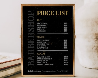 Black Barber Shop Price List Template & Price Menu for Small Business, DIY Barbershop Pricelist Sign, Printable Hair Salon Pricing Chart