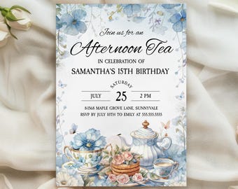 Blue Floral Birthday Tea Party Invitation, Wildflower Afternoon Tea Birthday Brunch Invite, Butterfly Garden Par-tea Printable Template