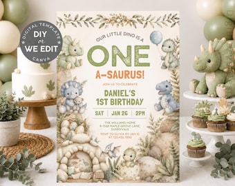 Dinosaur 1st Birthday Invitation Template, Dino First Birthday Invite, One A Saurus Dinosaur Birthday for Boy, Jurassic Party, Canva