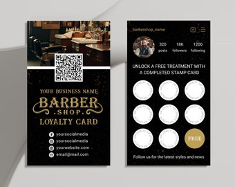 Barber Instagram Loyalty Card Stamp Template, Barbershop IG Business Punch Card, Black Editable VIP Rewards & Discount Card for Hair Salon